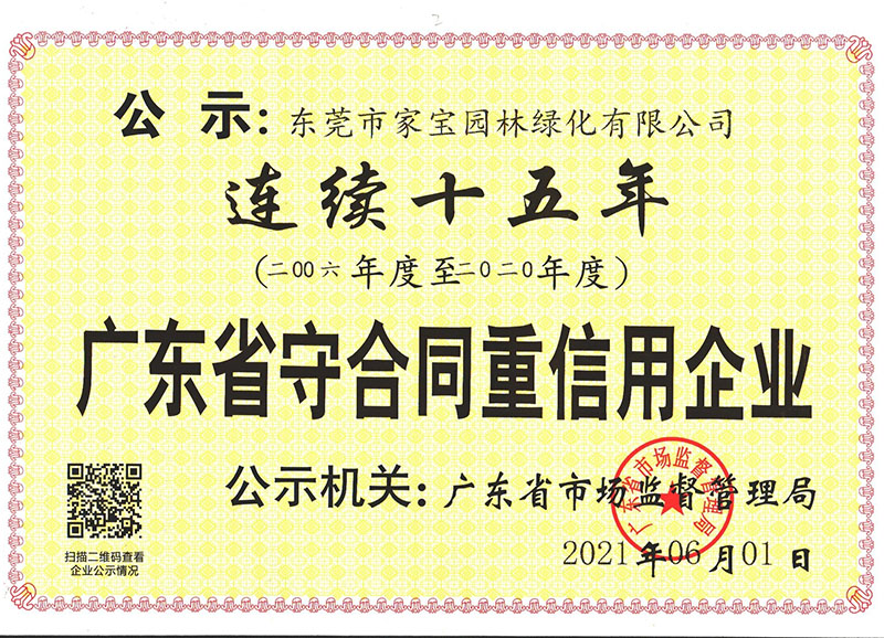 连续十五年（2006年度至2022年度）广东省守合同重信用企业